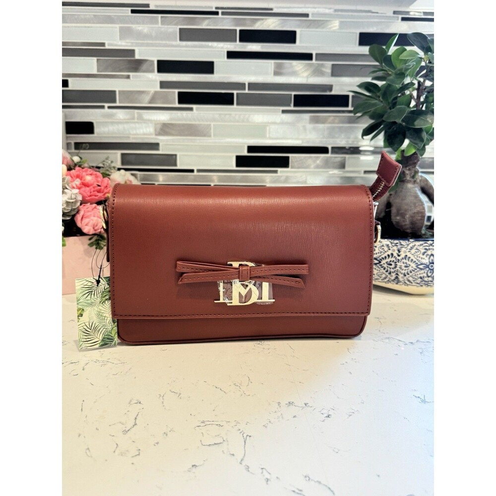 Badgley Mischka Bag Leather Crossbody Brown with Bow and Logo Detail
